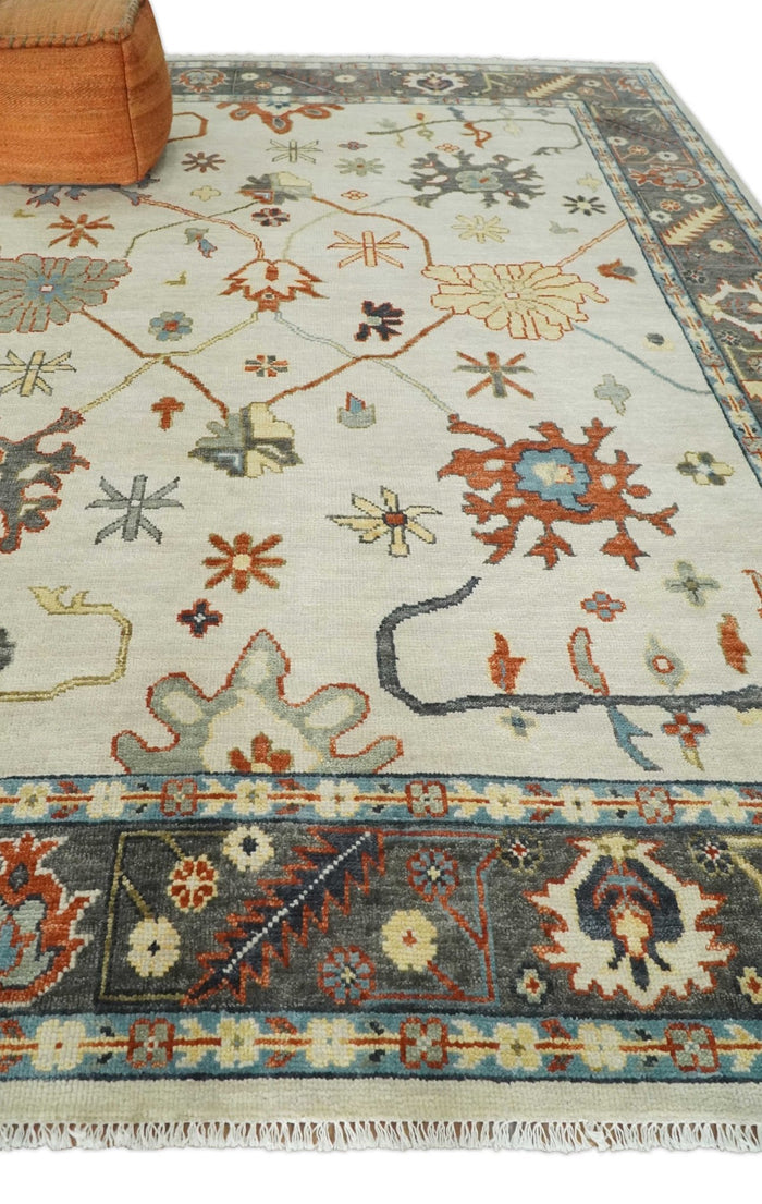 Hand Knotted 5x8, 6x9, 8x10, 9x12, 10x14 and 12x15 Ivory, Charcoal and Blue Traditional Persian Oushak Wool Rug | TRDCP916912 - The Rug Decor