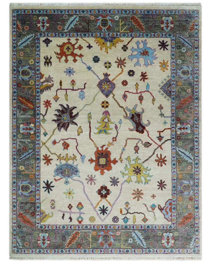 Hand Knotted Oushak 5x8, 6x9, 8x10, 9x12, 10x14 and 12x15 Ivory, Gray and Blue Traditional Persian Oushak Wool Rug | TRDCP915912 - The Rug Decor