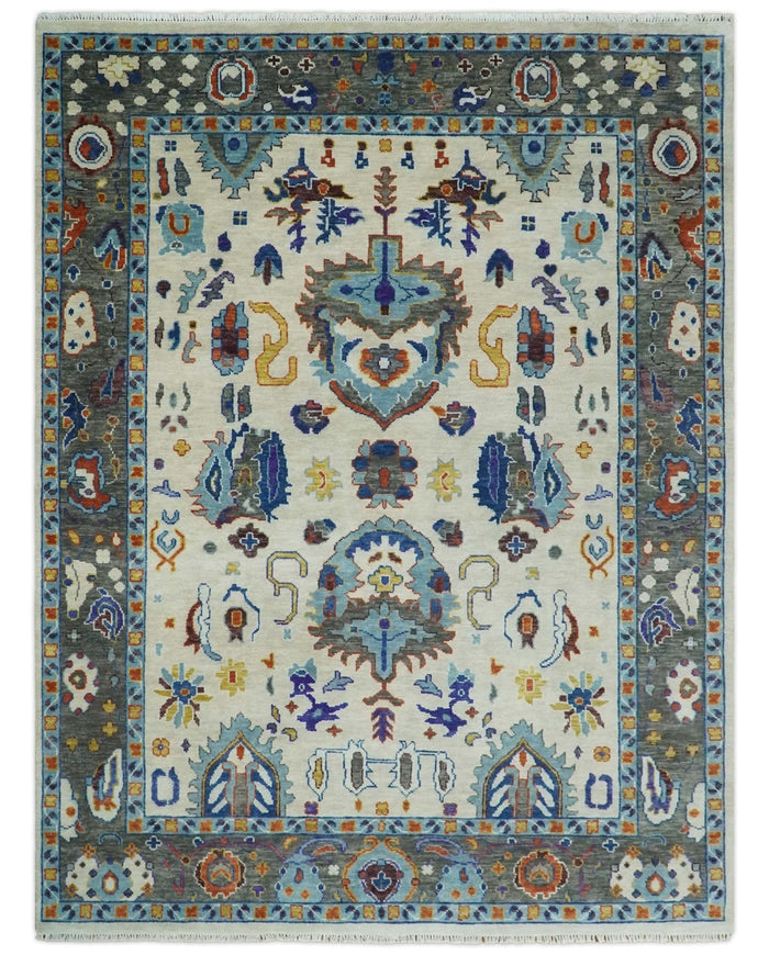 Hand Knotted 5x8, 6x9, 8x10, 9x12, 10x14 and 12x15 Ivory, Charcoal and Blue Traditional Persian Oushak Wool Rug | TRDCP892 - The Rug Decor