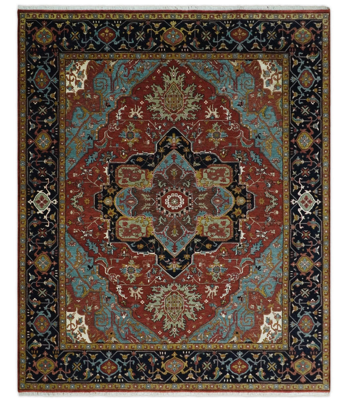 3x5, 5x8, 6x9, 9x12 and 8x10 Hand Knotted Rust, Blue and Black Traditional Vintage Heriz Serapi Antique Wool Rug | TRDCP986810 - The Rug Decor