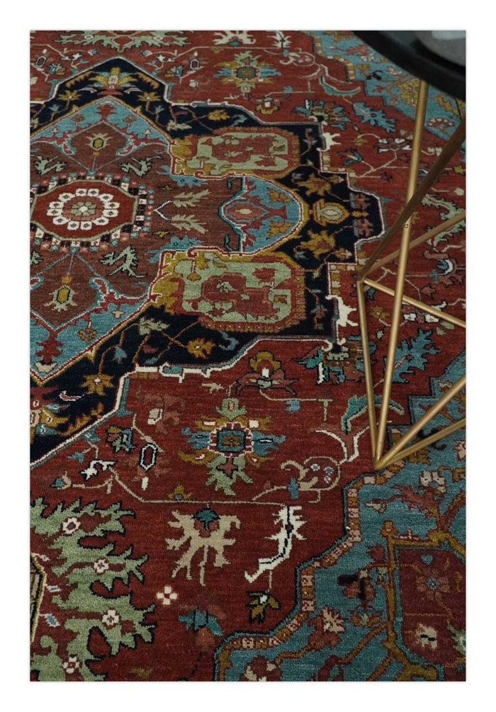3x5, 5x8, 6x9, 9x12 and 8x10 Hand Knotted Rust, Blue and Black Traditional Vintage Heriz Serapi Antique Wool Rug | TRDCP986810 - The Rug Decor