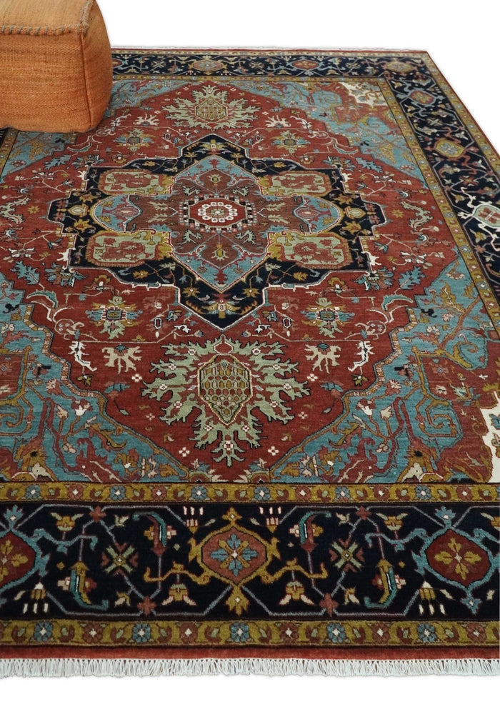 3x5, 5x8, 6x9, 9x12 and 8x10 Hand Knotted Rust, Blue and Black Traditional Vintage Heriz Serapi Antique Wool Rug | TRDCP986810 - The Rug Decor