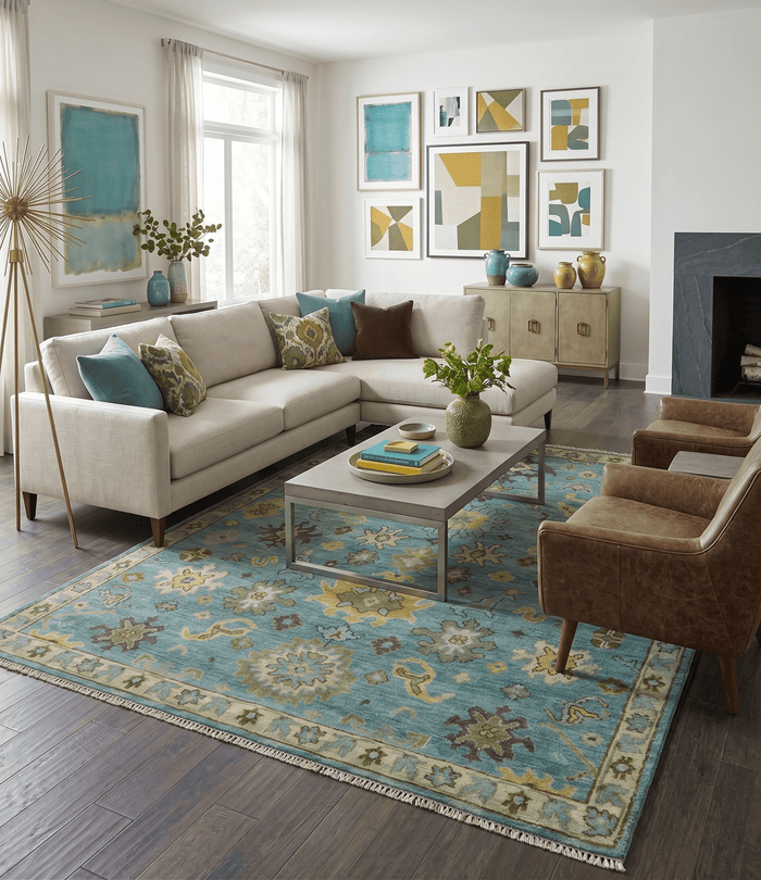 Hand Knotted Teal and Gold Traditional Oushak Multi Size Wool Area Rug - The Rug Decor