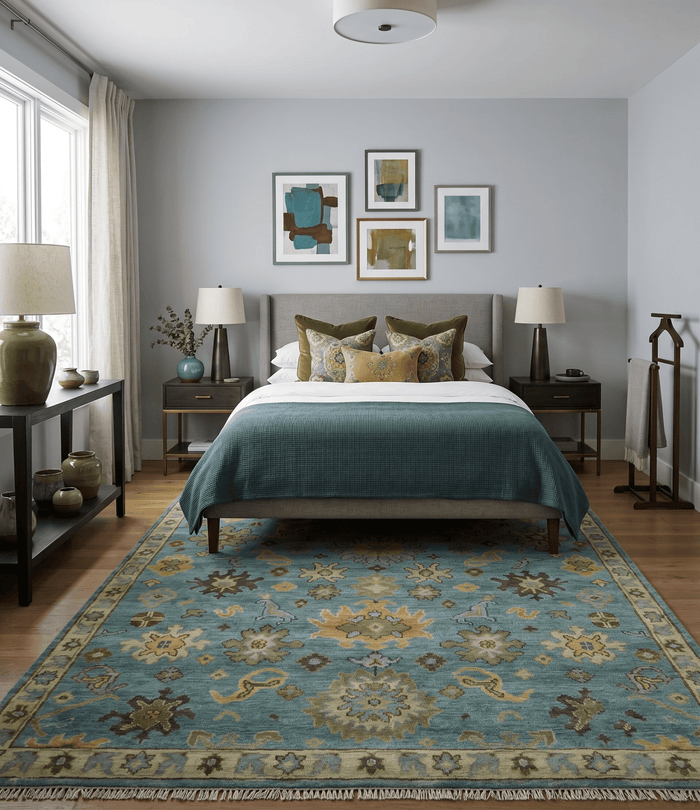 Hand Knotted Teal and Gold Traditional Oushak Multi Size Wool Area Rug - The Rug Decor