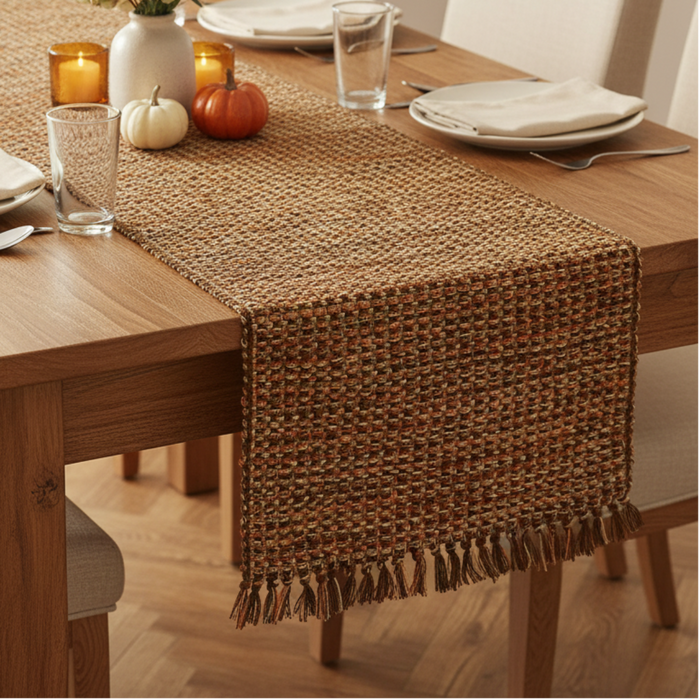 Corrected fall tablescape showing the short runner centered on the tabletop
