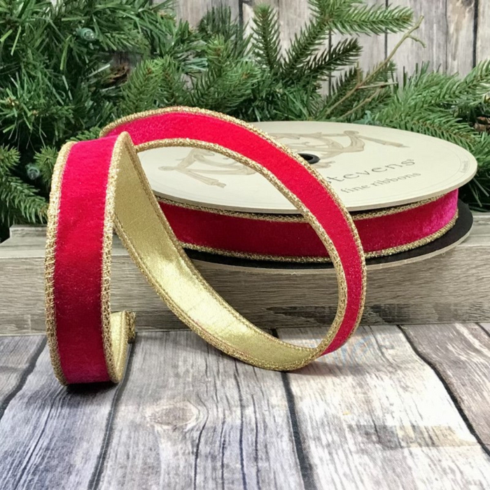 Hot Pink Velvet Glitter Gold Trim Ribbon, 1" X 10YD