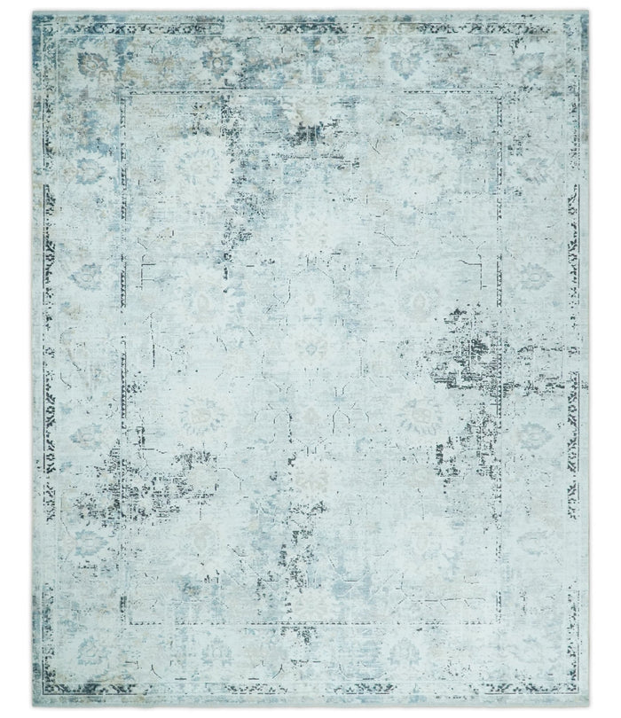 Ivory, Silver, Blue and Beige Finish, Vintage Design , Modern Abstract Art Silk Area Rug, Living Room Rug | TRDMM5 - The Rug Decor