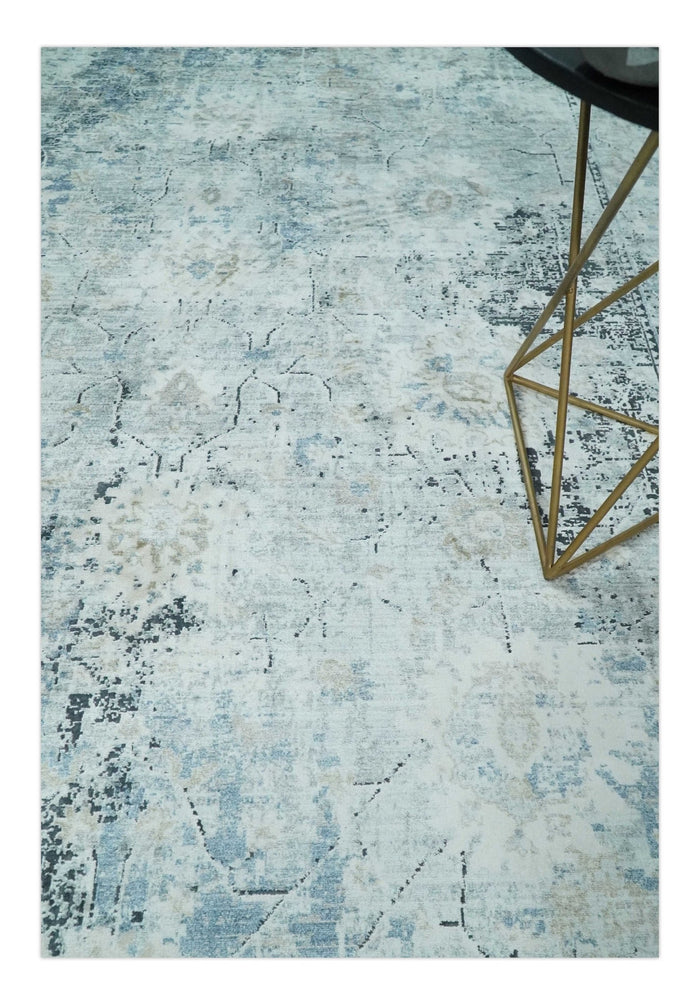 Ivory, Silver, Blue and Beige Finish, Vintage Design , Modern Abstract Art Silk Area Rug, Living Room Rug | TRDMM5 - The Rug Decor