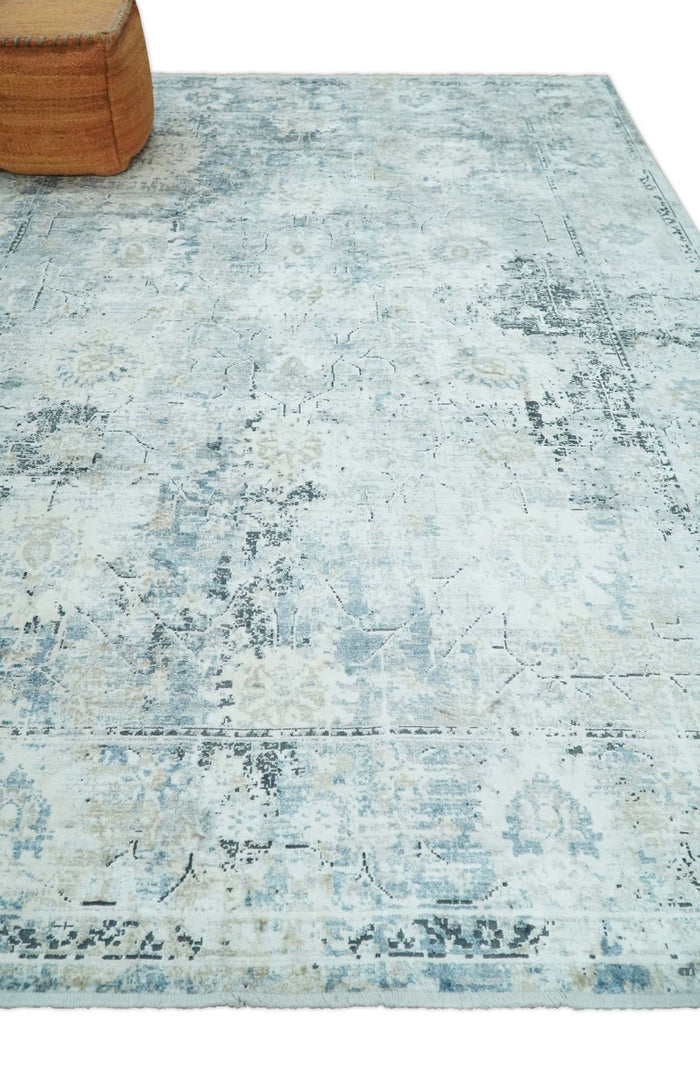 Ivory, Silver, Blue and Beige Finish, Vintage Design , Modern Abstract Art Silk Area Rug, Living Room Rug | TRDMM5 - The Rug Decor