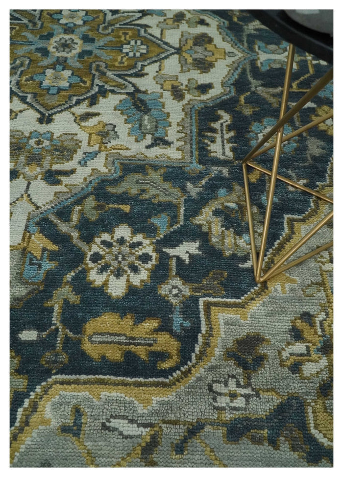 Green, Ivory and Gold Hand Knotted Antique 5x8, 6x9, 8x10, 9x12, 10x14 and 12x15 Brown Traditional Heriz Serapi Wool Rug | TRDCP887912 - The Rug Decor