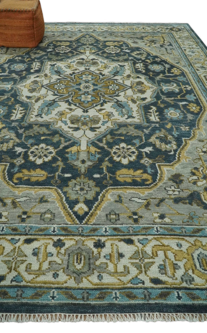 Green, Ivory and Gold Hand Knotted Antique 5x8, 6x9, 8x10, 9x12, 10x14 and 12x15 Brown Traditional Heriz Serapi Wool Rug | TRDCP887912 - The Rug Decor