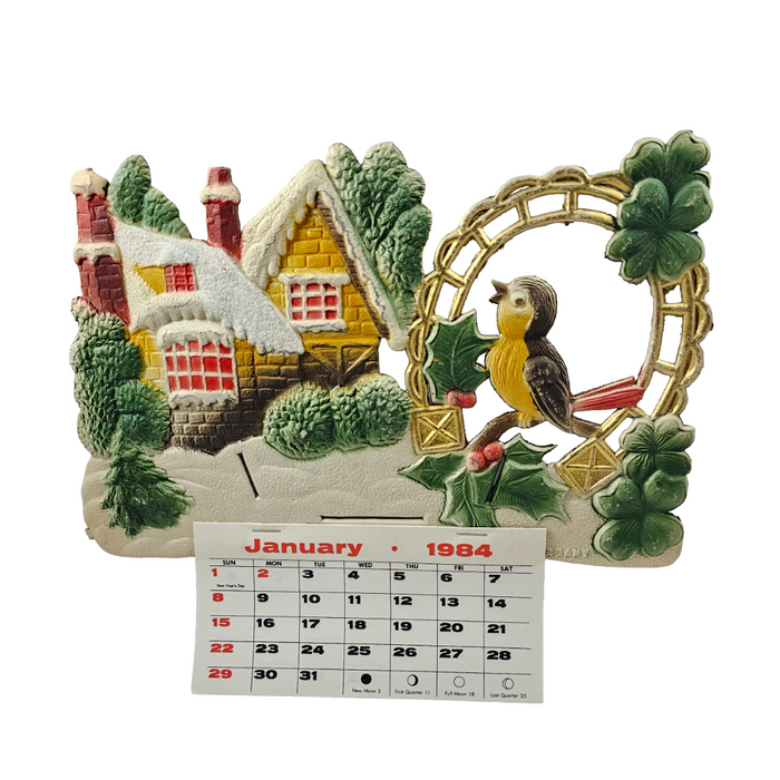 Large Vintage German Die Cut Heavy Embossed Calendar Winter House Bird