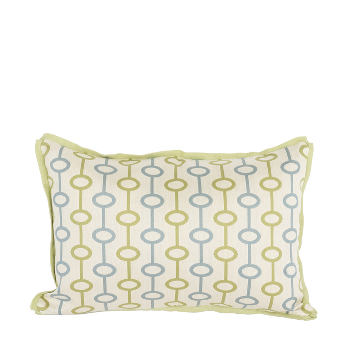 A rectangular lumbar pillow with a geometric pattern in shades of blue and green.