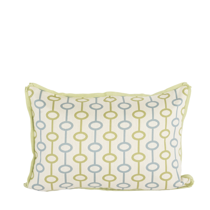 Lumbar pillow with green and blue geometric design