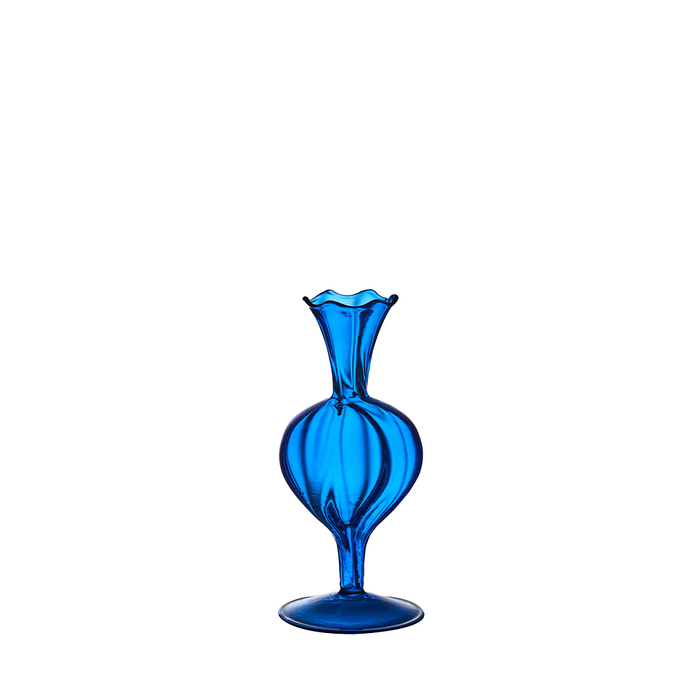 Cobalt blue glass bud vase with scalloped flared rim and rounded ribbed body on a slender stem and round base.