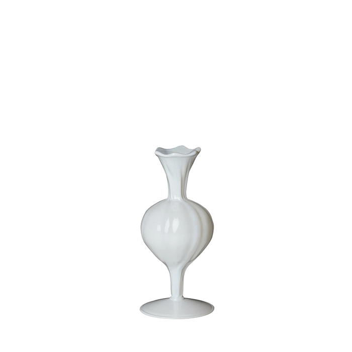 White ceramic bud vase with a flared ruffled rim and rounded base on a pedestal stand.