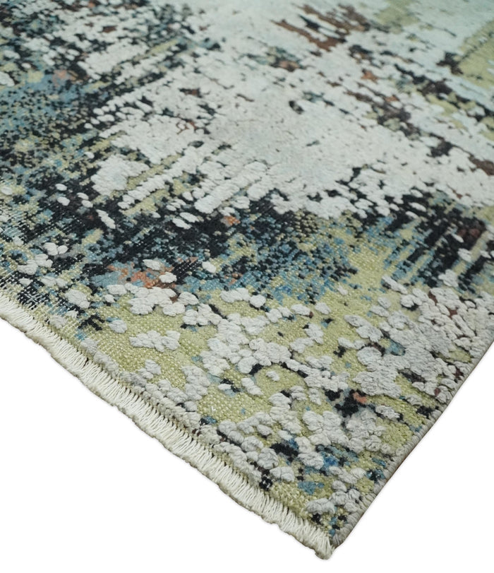 Modern Abstract 2x4 High Low Ivory and Olive Real Silk and Wool Rug made | N1924 - The Rug Decor