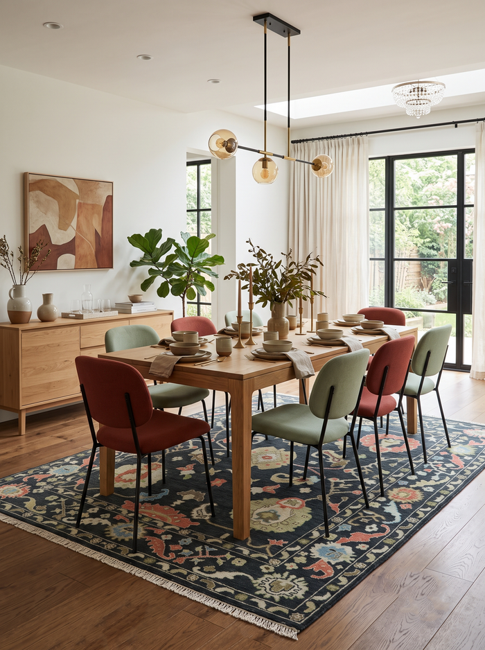 Hand-knotted wool rug with dark navy ground, multicolor floral motifs, wide patterned border