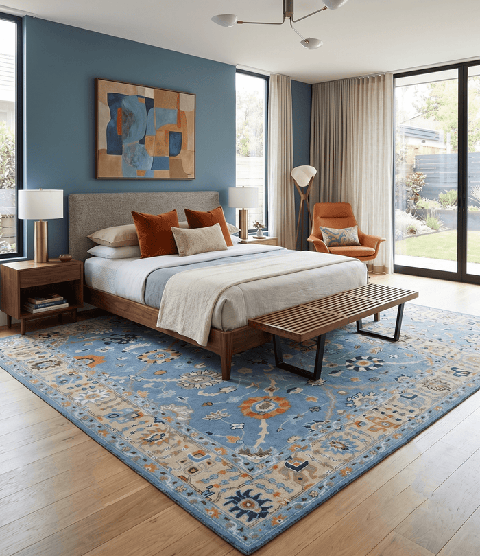 Modern Oushak Blue and Beige Hand Tufted Wool Area Rug - The Rug Decor