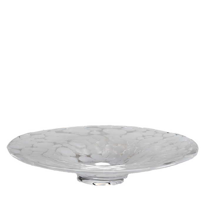shallow hand blown glass bowl with white dots