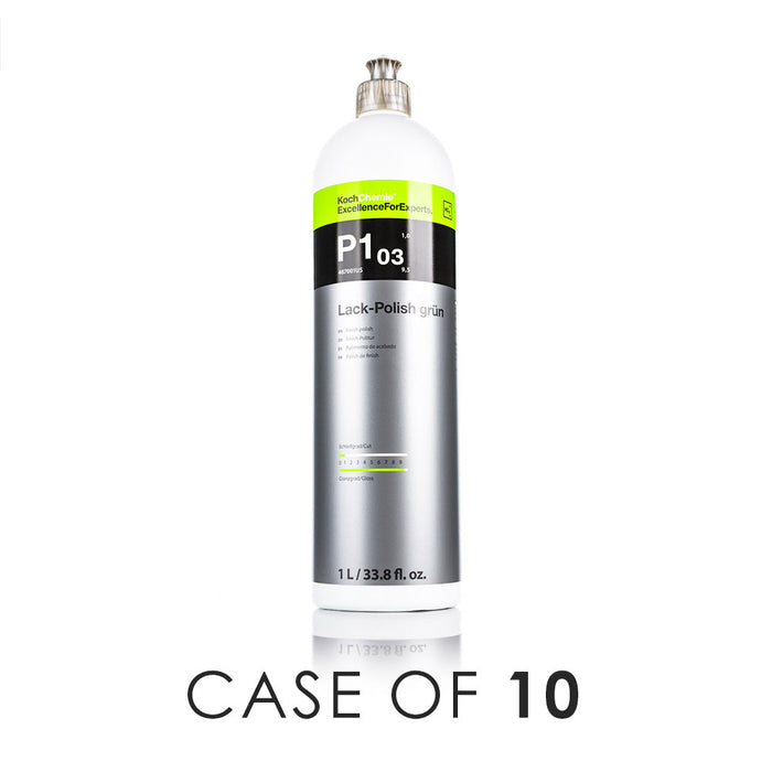 Koch-Chemie Lack Polish Grun 1L front view with the text "Case of 10" on a white background.