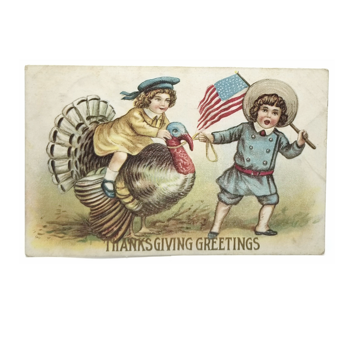 Patriotic Thanksgiving Postcard Children with American Flag Riding Turkey