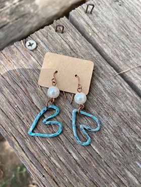 Pearl with Turquoise Heart Dangle Earrings