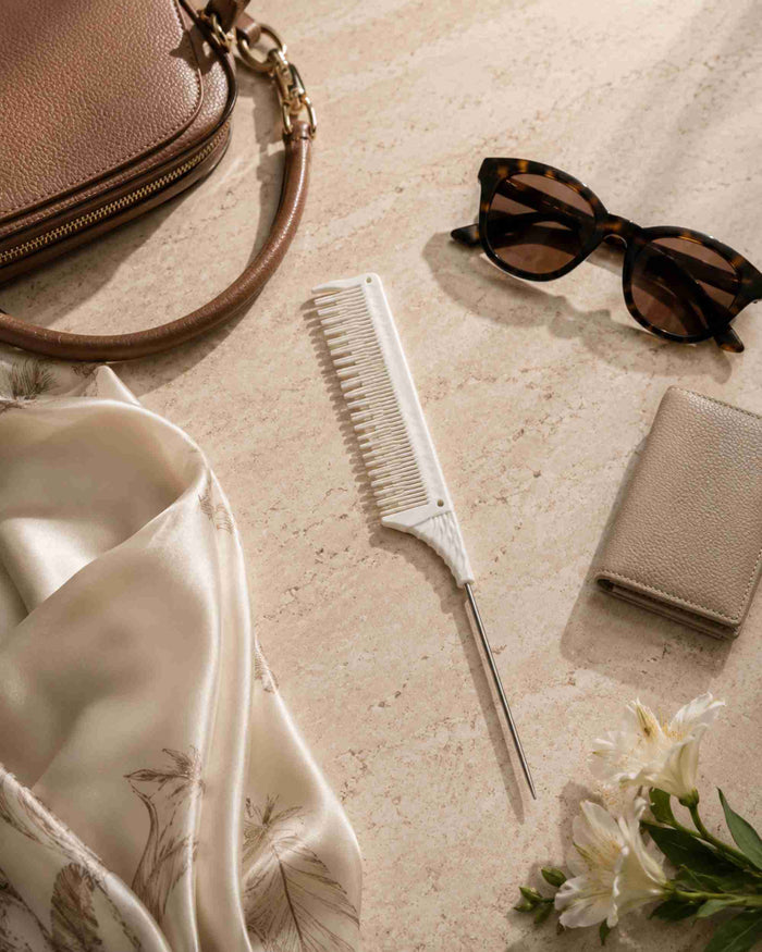 White hair teasing comb with fine teeth and pointed metal handle on tabletop