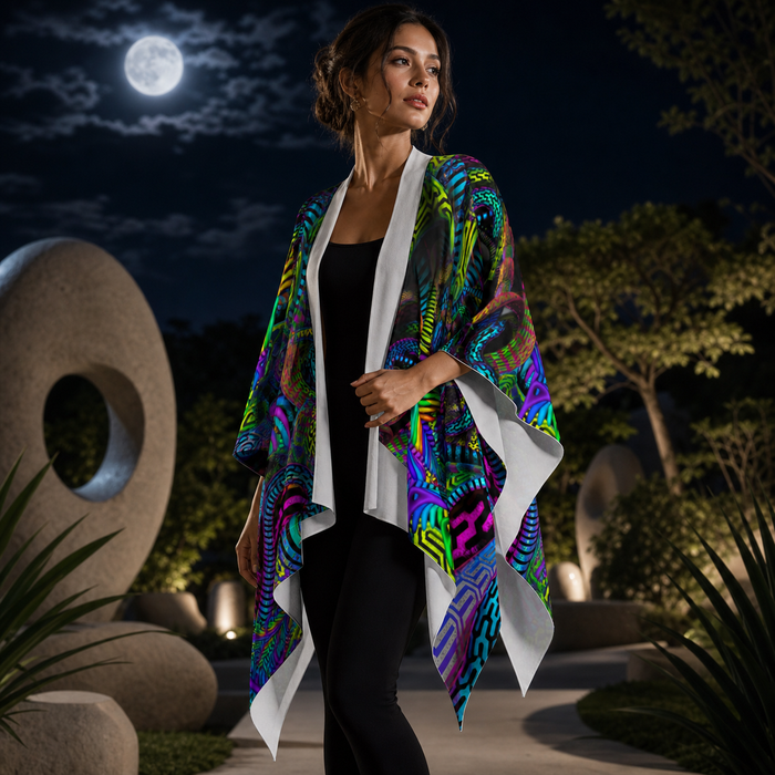 Primordial Draped Kimono lifestyle three-quarter front view