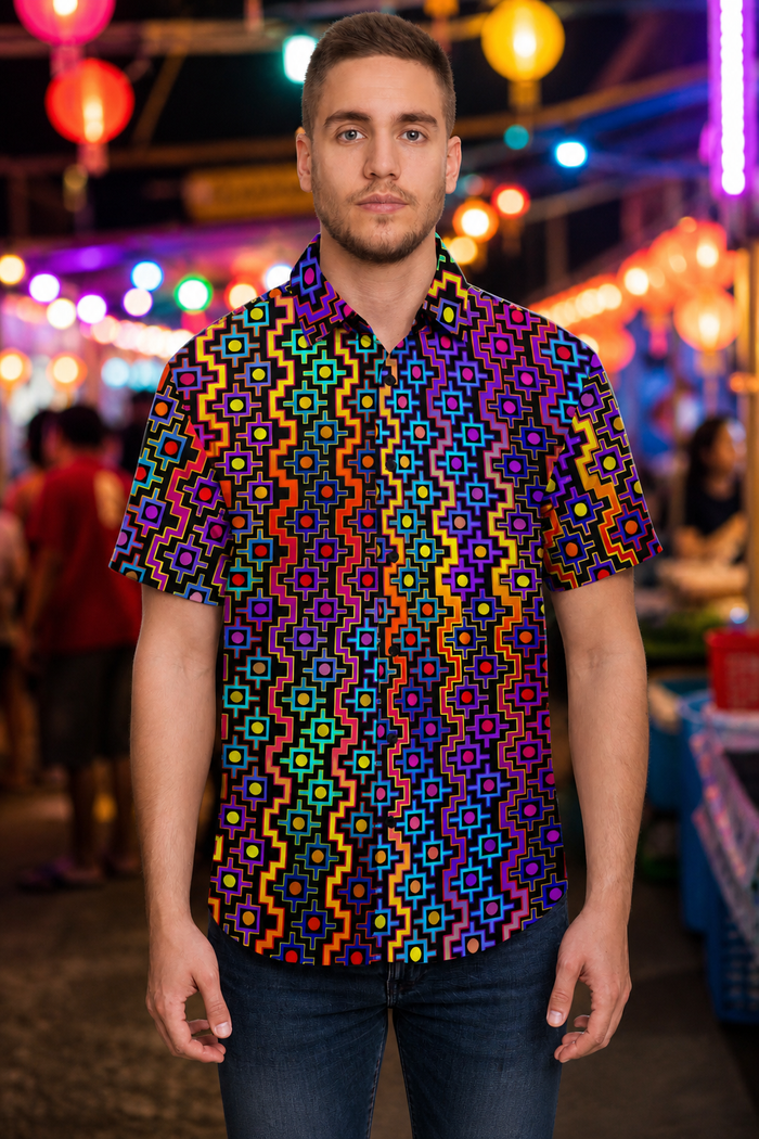 Rainbow Healing Button Down Shirt, Psychedelic Festival Shirt, Visionary Rave Wear, Trippy Short Sleeve Wearable Art - lifestyle angle 1: hero front night market
