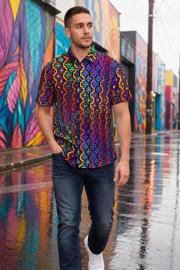 Rainbow Healing Button Down Shirt, Psychedelic Festival Shirt, Visionary Rave Wear, Trippy Short Sleeve Wearable Art - lifestyle angle 2: front three quarter mural