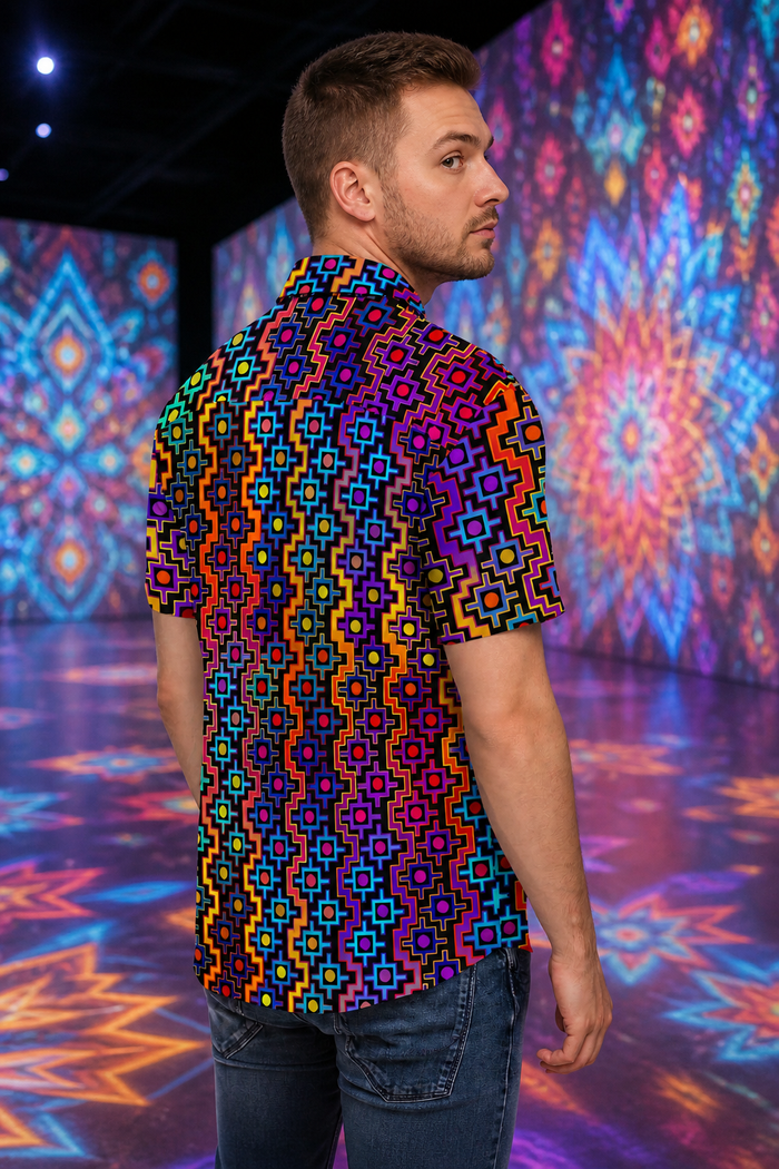 Rainbow Healing Button Down Shirt, Psychedelic Festival Shirt, Visionary Rave Wear, Trippy Short Sleeve Wearable Art - lifestyle angle 3: rear three quarter gallery
