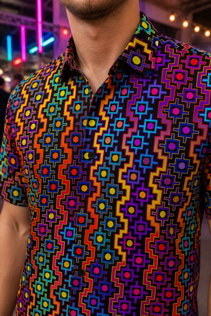 Rainbow Healing Button Down Shirt, Psychedelic Festival Shirt, Visionary Rave Wear, Trippy Short Sleeve Wearable Art - lifestyle angle 4: torso detail neon