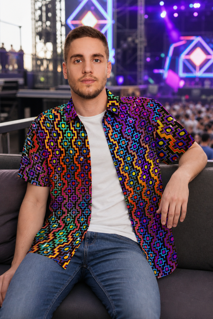 Rainbow Healing Button Down Shirt, Psychedelic Festival Shirt, Visionary Rave Wear, Trippy Short Sleeve Wearable Art - lifestyle angle 5: seated music venue