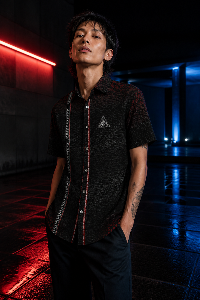 Singular Sight Black Psychedelic Button-Down Shirt — approved lifestyle view 01 — 01-hero-candidate