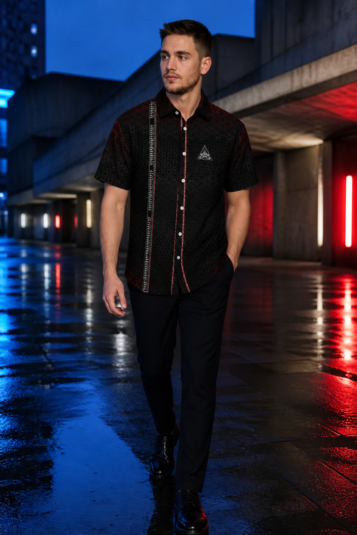 Singular Sight Black Psychedelic Button-Down Shirt — approved lifestyle view 02 — 02-street-three-quarter