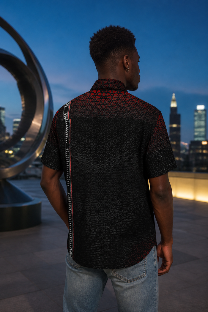 Singular Sight Black Psychedelic Button-Down Shirt — approved lifestyle view 03 — 03-rooftop-rear-three-quarter