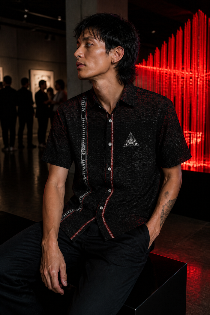 Singular Sight Black Psychedelic Button-Down Shirt — approved lifestyle view 04 — 04-underground-gallery-seated
