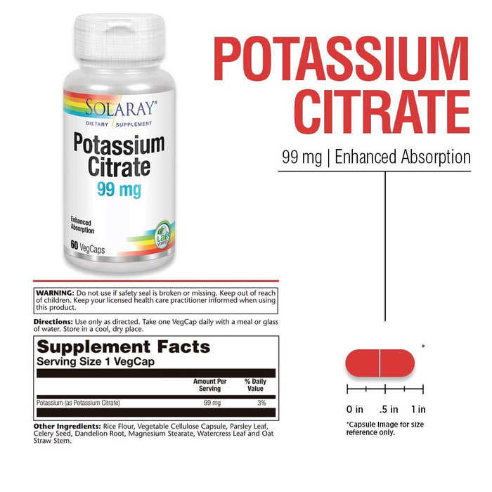 Solaray Potassium Citrate, Healthy Electrolyte Balance, Nerve & Muscle Function Support, Vegan, 60 VegCaps - The Oasis of Health