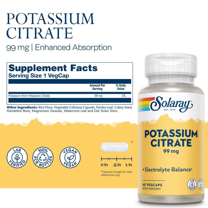 Solaray Potassium Citrate, Healthy Electrolyte Balance, Nerve & Muscle Function Support, Vegan, 60 VegCaps - The Oasis of Health