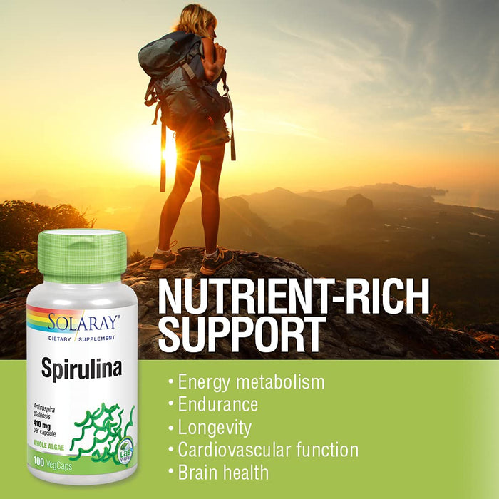 SOLARAY Spirulina 410mg | Algae Superfood Supports Energy, Vitality & Overall Health | 100ct, 100 Serv. - The Oasis of Health