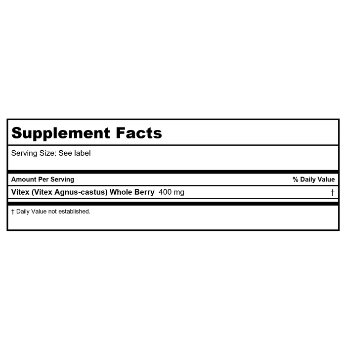 SOLARAY Vitex Whole Berry - 400 MG (100 Vegetarian Capsules) - Supplement Facts panel