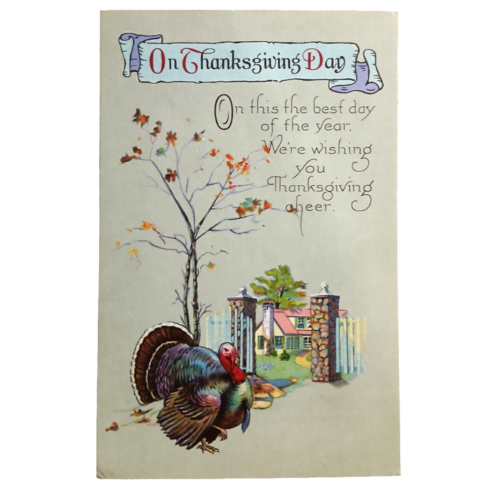 Thanksgiving Postcard Series 1268 Turkey at House Gate in Autumn