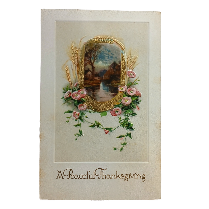 Thanksgiving Postcard Winsch Publishing Landscape & Flowers in Gold