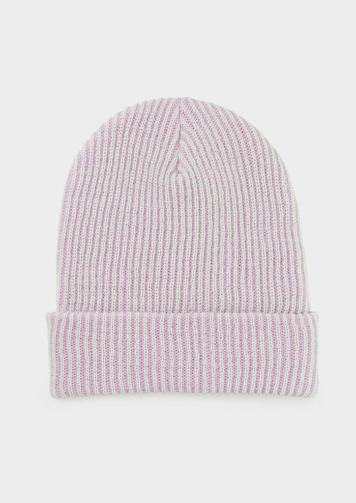 A rib knit beanie in jade and lilac.