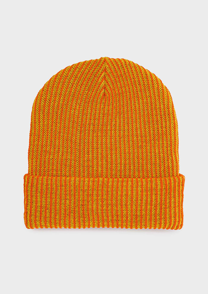 A rib knit beanie in orange and olive.