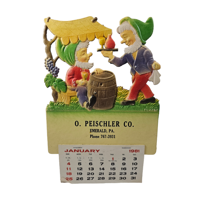 Vintage German Die Cut Heavy Embossed Calendar Elves Enjoying Wine