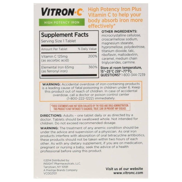 Vitron-C - High Potency Iron Plus Vitamin C Tablets - 60 Count - 12 Pack