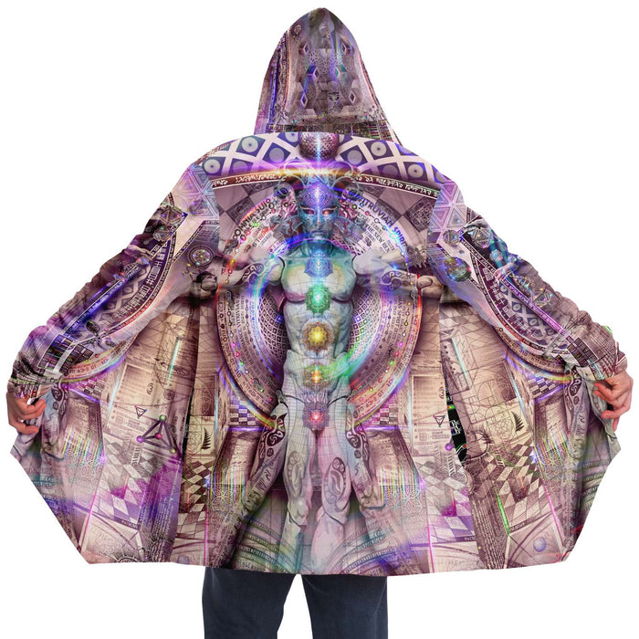Vitruvian Spirit Micro Fleece Cloak, Hooded Wearable Art, Psychedelic Festival Layer — back spread — hood raised