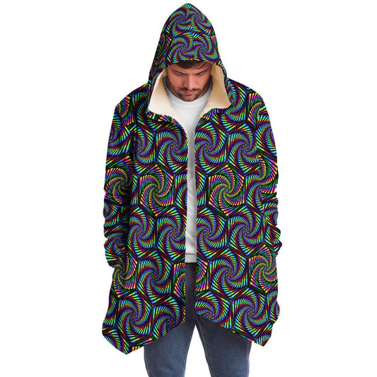 Vohex Micro Fleece Cloak, Hooded Wearable Art, Psychedelic Festival Layer — front — hood raised
